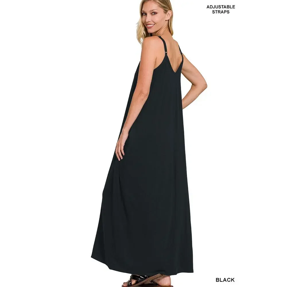 🔥SALE🔥 Zenana Black V-neck Cami Maxi Dress 1X comfy shift pockets adjustable - Picture 2 of 16